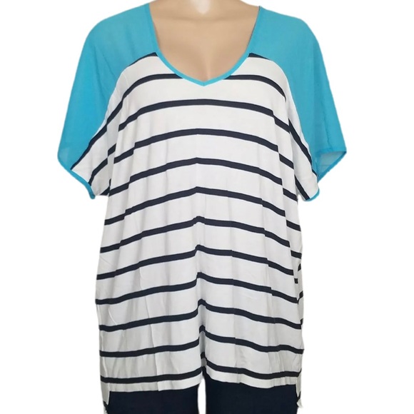 a.n.a. Woman Sz 1X White Black Stripes Sheer Teal - Picture 1 of 13
